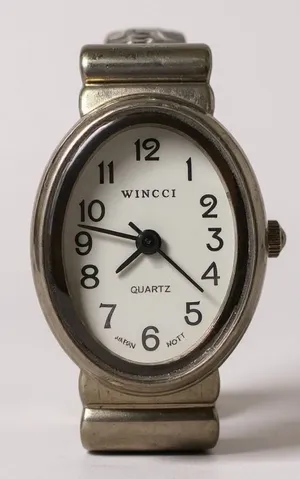 Wincci Quartz Watch Silver Tone‎ Black Faux Leather Cuff Bracelet Japan Movt thumbnail 1