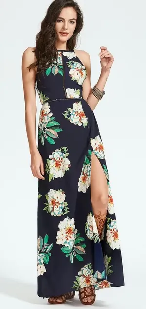 NLW high neck open back floral slit maxi dress thumbnail 1