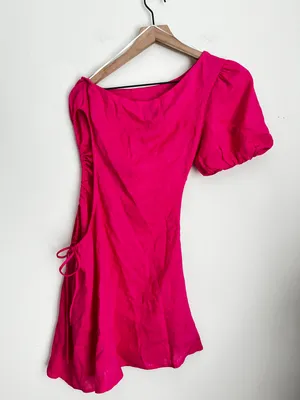 fuchsia pink Brunch Loving Puff sleeve one shoulder mini dress XS thumbnail 3