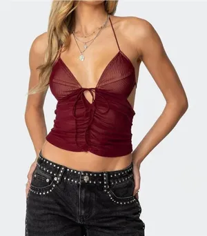 burgundy Edikted Strappy Ruched Mesh Top thumbnail 1