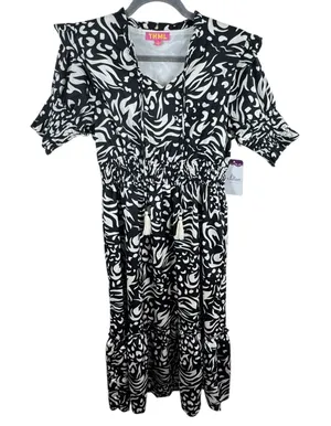 THML NWT Black White Abstract‎ Print Short Sleeve Midi Dress Ruffle Tassels S thumbnail 1