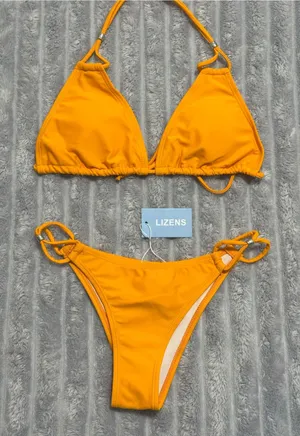 Women's Orange Triangle Bikini Set with Adjustable Ties thumbnail 1