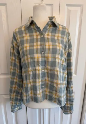 Tuckernuck Cropped Flannel Long Sleeve Shirt Buttons Blue/Yellow Sz Medium thumbnail 1