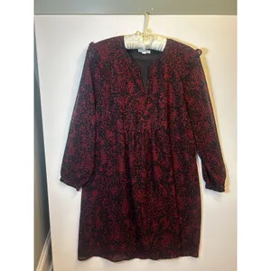 BeachLunchLounge XL Red Black Print Ruffle Long Sleeve Lined Chiffon Shift Dress thumbnail 11