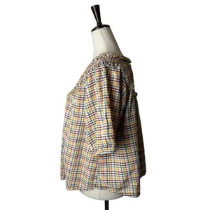 Old Navy‎ Ruffle Dobby Gingham Top Women Medium White Cotton Puff Sleeve Cotton thumbnail 6