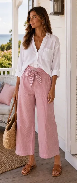 DO+BE Coastal Grandma Pink Striped Wide Leg Cropped Tie Front Pants L thumbnail 1