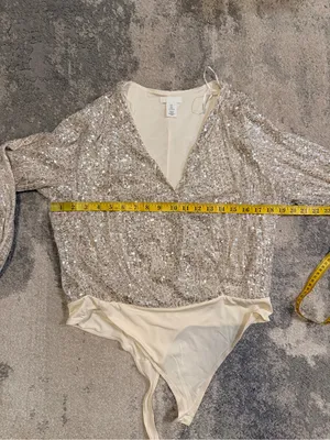 H&M Sequin V-Neck Bodysuit in Cream thumbnail 6