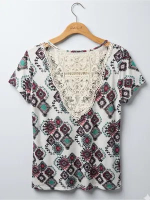 Cato White Short Sleeve Top with Teal and Burgundy Geo Print Crochet Detail Back thumbnail 2