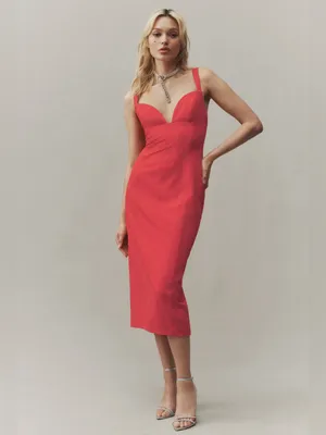 BHLDN Anthropologie Women’s Sage Sweetheart Stretch Crepe Red Midi Dress Sz M thumbnail 11