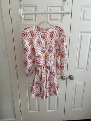 LaRoque Floral V-Neck Dress in White with Pink & Orange Print | Printed thumbnail 5