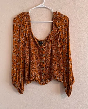 American Eagle Outfitters Burnt Orange Floral Smocked Button Blouse thumbnail 1