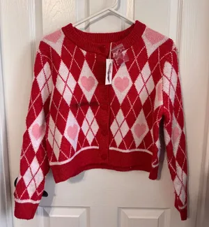 Jessica Simpson Heart Argyle Cardigan Sweater Red Pink White Size S NWT thumbnail 1