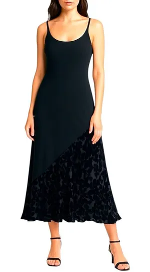 Laura Ashley Black Silk Blend Burnout Velvet‎ Hem Spaghetti Strap Maxi Dress thumbnail 1