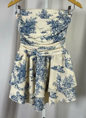 Cider XS Toile De Jouy Shirred Ruched Mini Dress Ruffle Retro thumbnail 1