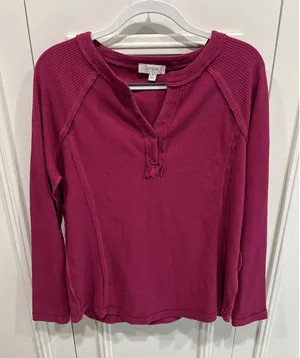 Umgee Fuchsia Pink Textured Henley Shirt Casual Boho Cotton Thermal thumbnail 1