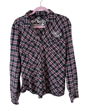 Harley Davidson Red Black Plaid Button Down Shirt Womens L Embroidered Flannel thumbnail 1