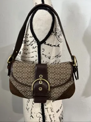 Rare Vintage Coach Soho Y2K Signature Shoulder Bag Brown Canvas & Suede 6818 thumbnail 1