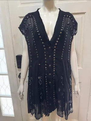 Free People Aston Black Studded Button-Front Sheer Tunic Dress Size Medium. A1 thumbnail 4