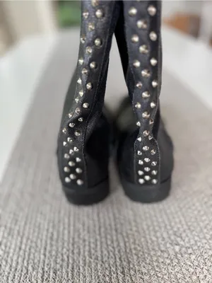 ENVY Fun Police Black Leather Foldover Mid Calf Moto Biker Boots Silver Studs thumbnail 2