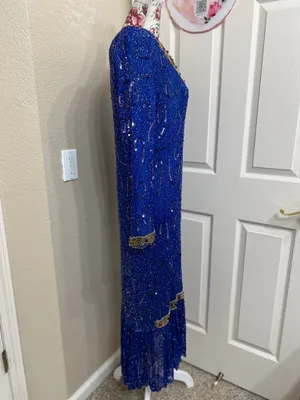 Vintage Tan-Chho Pure Silk Beaded Sequin Maxi Gown Dress Royal Blue Size XL 80’s thumbnail 3