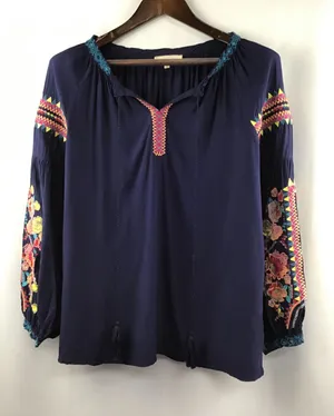 Women’s Solitaire Navy Long Sleeve Floral Embroidered Tunic Top Size Medium thumbnail 1