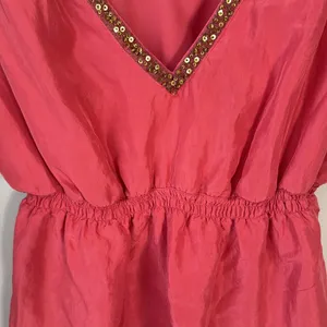 The Limited 100% Silk Coral Pink + Gold Beaded Layered Ruffle Blouson Tank Top thumbnail 7