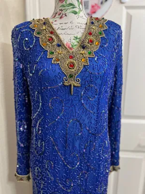 Vintage Tan-Chho Pure Silk Beaded Sequin Maxi Gown Dress Royal Blue Size XL 80’s thumbnail 6
