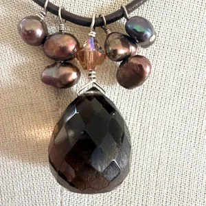 Handcrafted Sterling Silver Smoky Quartz & Peacock Pearl Leather Cord Necklace thumbnail 6