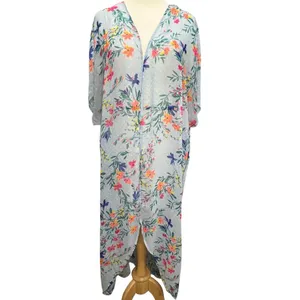 Boutique Kimono Swim Cover Up 0X-1X‎ Blue Floral Open Front Duster Resort Beach thumbnail 2