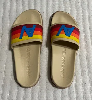 Aviator Nation Beige Slide Sandals with Rainbow Stripes and Blue Logo thumbnail 1