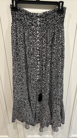 Rachel Zoe Black White Floral Maxi Skirt Large Button Front Cottagecore Prairie thumbnail 1