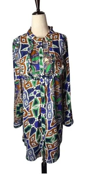 Joy Joy Dress Women Medium Blue Green Abstract‎ Long Sleeve Ruffle Neck Mini thumbnail 1
