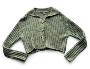 Wild Daisy wild fable green cropped knit cardigan with collar thumbnail 1