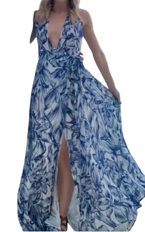 Olivaceous Halter Maxi Wrap backless Floral Spring Wedding Guest Dress Romantic thumbnail 1