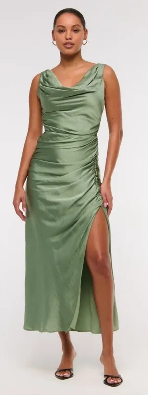 Abercrombie & Fitch A&F Satin Cowl Neck Draped Maci Dress Lush Green XL NEW $140 thumbnail 1
