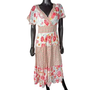 J GEE Womens Floral Smocked Waist Maxi Dress Pink White V-Neck‎ Boho Size S thumbnail 2
