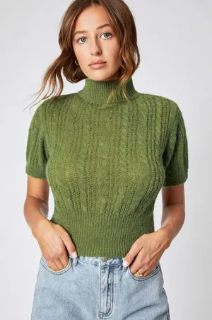 Cider 14R Wool Blend High Neck Olive Matcha Green‎ Short Sleeve Sweater Top M thumbnail 1