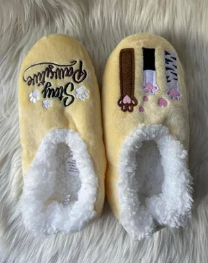 Yellow Plush Women's Slippers with 'Stay Pawssitive' Embroidery thumbnail 1
