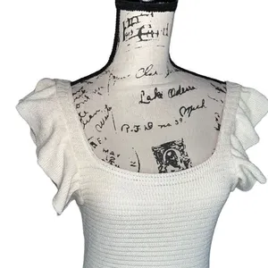 Anthropologie Ivory Ruffle‎ Knit Mini Dress Square Neck Cream Small NEW $130 thumbnail 3
