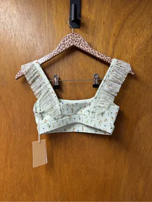 POPFLEX Romance Mesh Ruffle Sports Bra Meadow Floral Print Green XS NEW NWT thumbnail 9