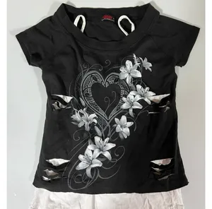 Spiral Black White Hibiscus Flower Floral Y2K Layered Shirt Top Blouse Tee Size S 🤍🖤 thumbnail 4