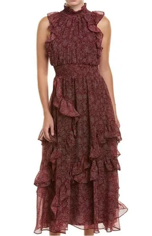 Avec Les Filles Red/Maroon Ruffle Dot Maxi Dress Sz 10 thumbnail 1