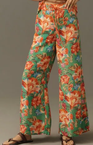 Farm Rio Tie-Front Linen Blend Floral Wide-Leg Pants, Size S thumbnail 1