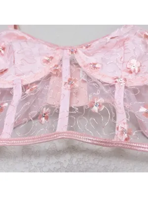 Floral Embroidered Lace Underwire Bralette M Pink Sheer Lingerie Bra Sequin thumbnail 5