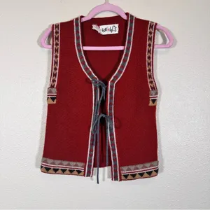 Vintage 70s Vicki Volts Red Grey Sweater Vest Womens S Fall Warm Hippie Folk thumbnail 11