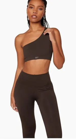 Set active sculpt flex ribbed one shoulder bra espresso size large NWOT​ thumbnail 1