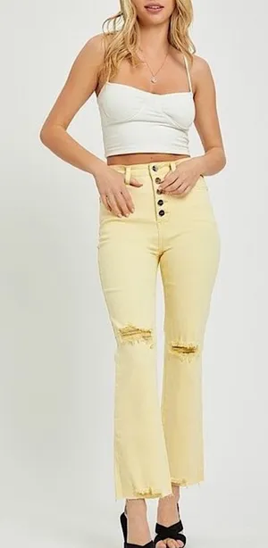 RISEN: PALE YELLOW‎ High Rise button fly distressed Ankle Straight Pant 32! thumbnail 1