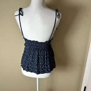 SYSTEMACTION Navy Blue Print Lace Trim Peplum Top Size Medium thumbnail 5