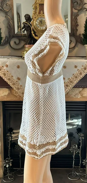 Beautiful White And Tan Beach Cover Up Dress L thumbnail 5
