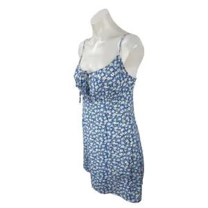 Lulus Blue Floral Shirred Sleeveless Tie Scoop Cami Camisole Mini Slip Dress S thumbnail 3